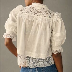 Anthropologie White Lace Blouse with Puff Sleeves